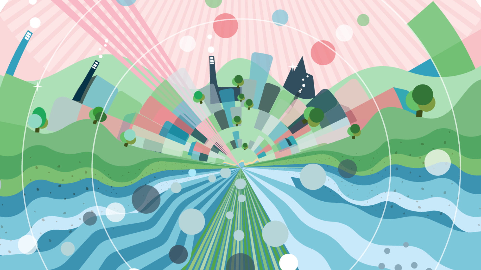 A circular illustration with bright colours of blue, green, white, coral depicting Earth's natural elements