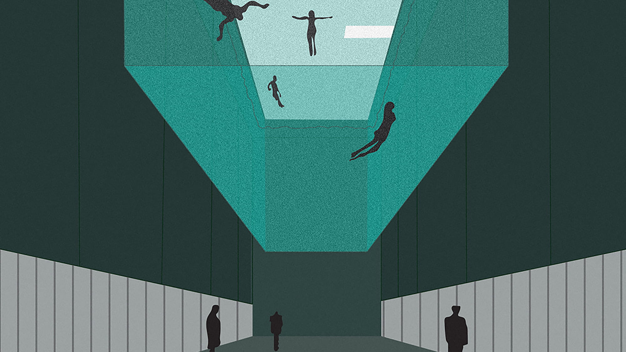 Illustration of a pool in the middle of a train station