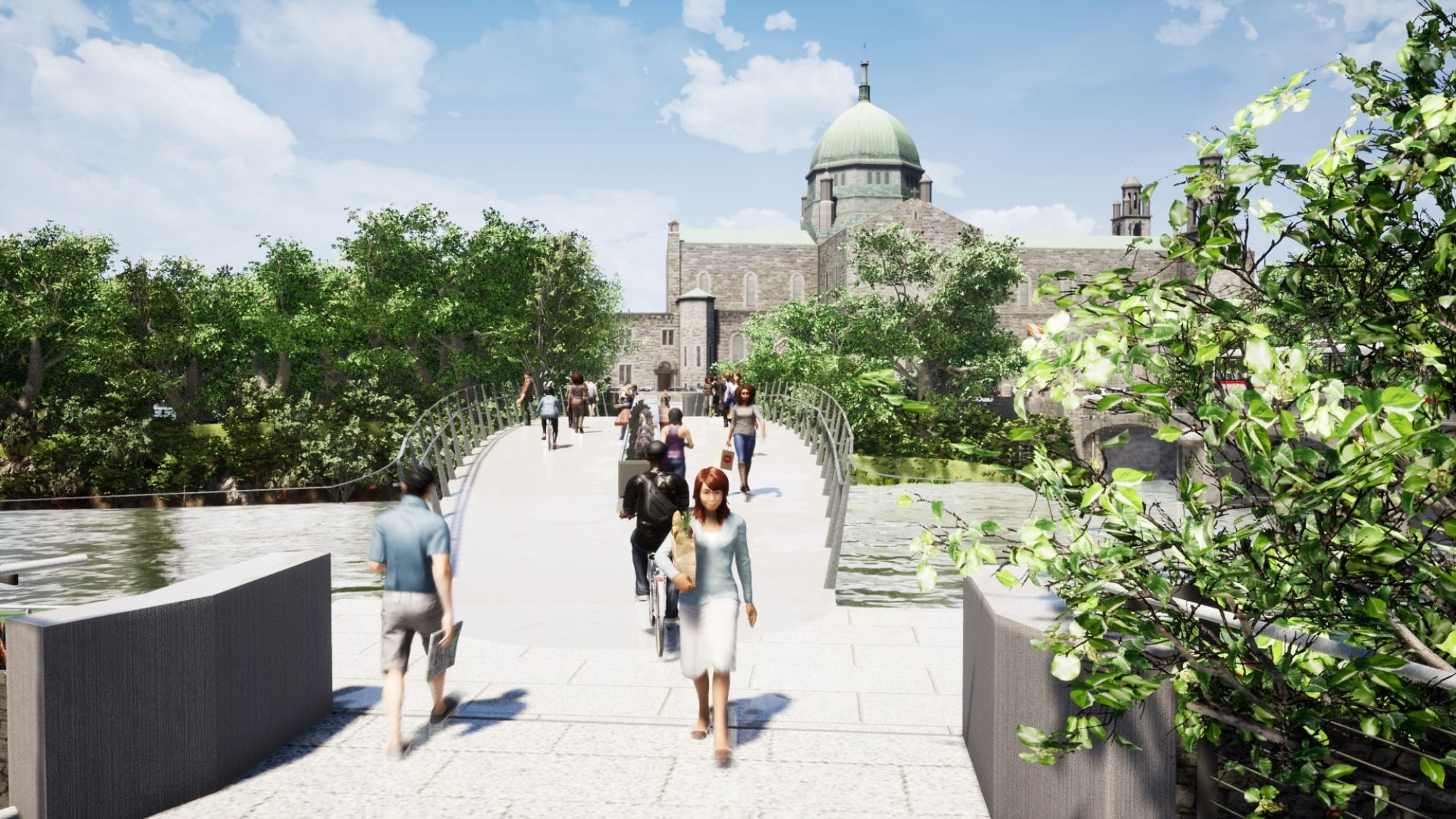 Architectural render showing people crossing the new Salmon Weir Pedestrian and Cycle Bridge.