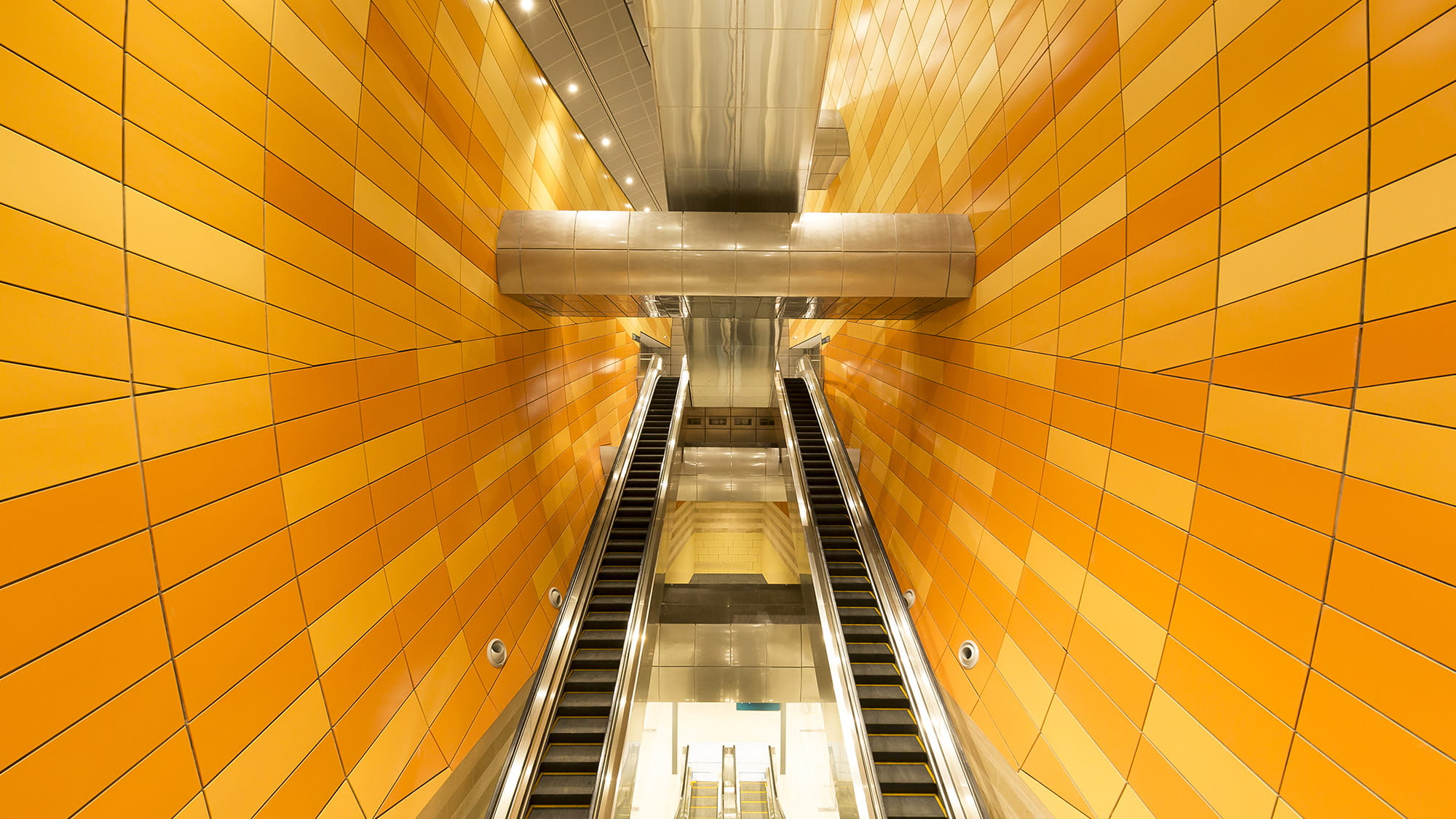 Fisheye view of the escalators