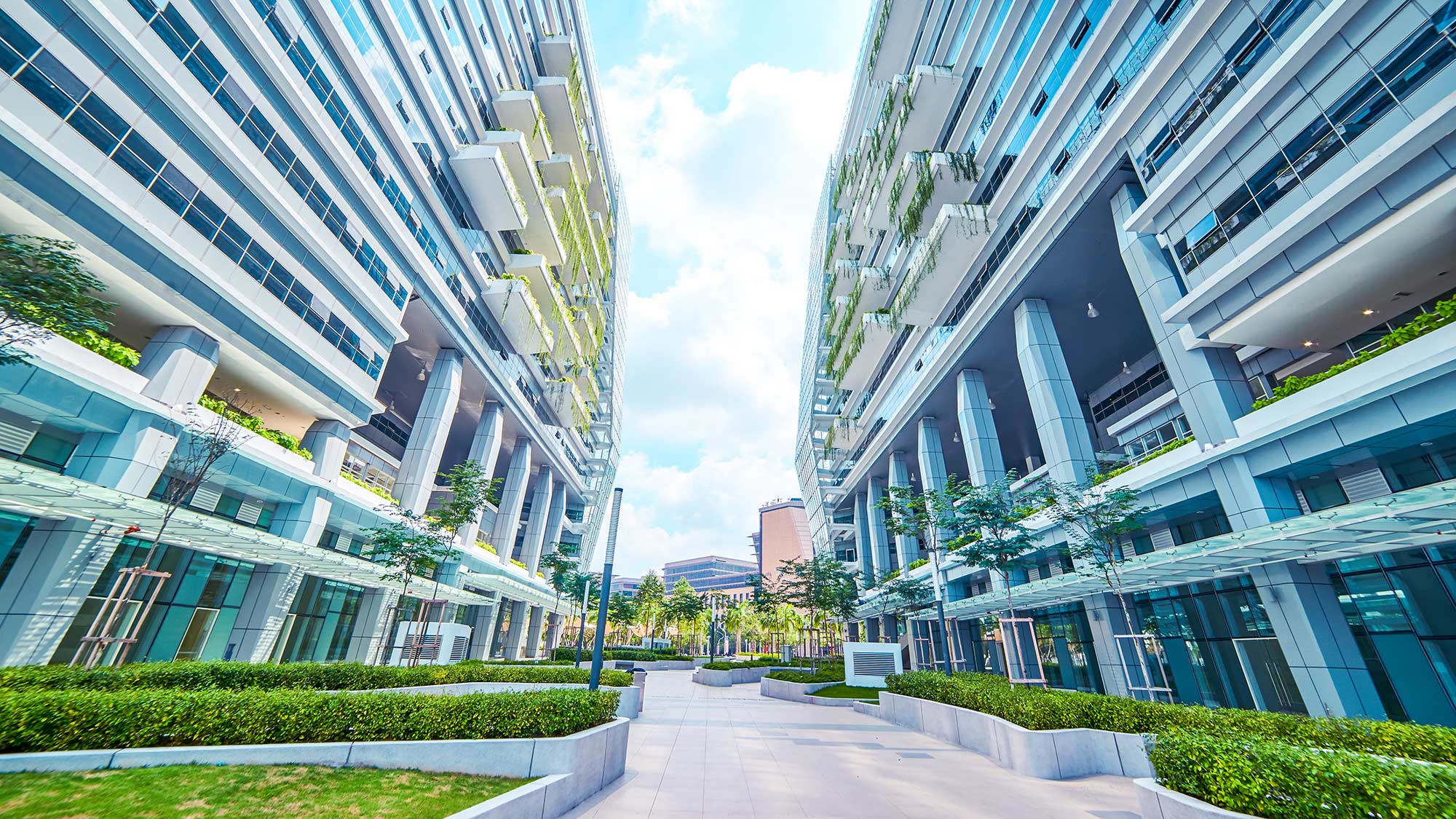Low angle view of offices and pavement in a green area