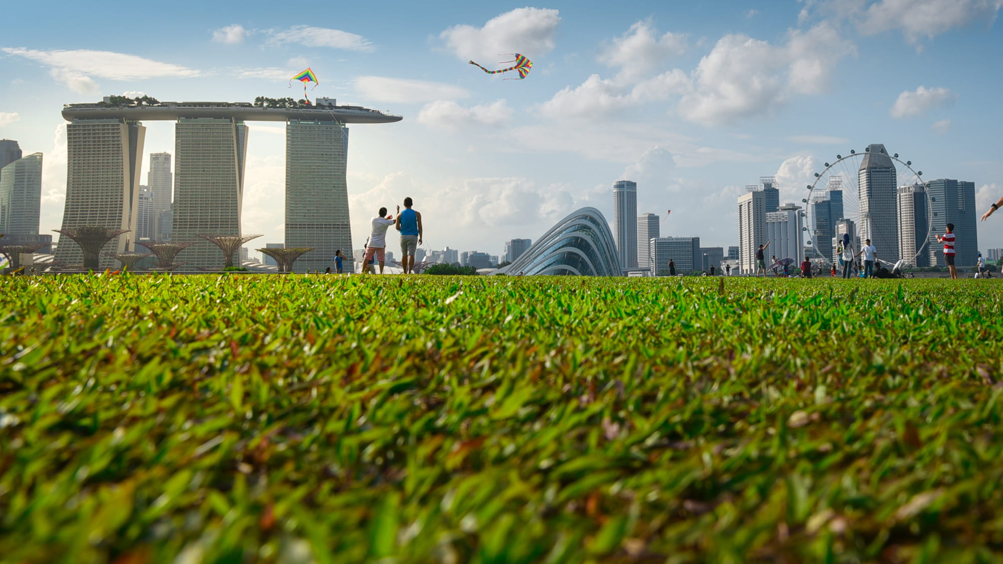 Adults and children playing with a kite in the green parks surrounding Marina Bay area in Singapore on a sunny day