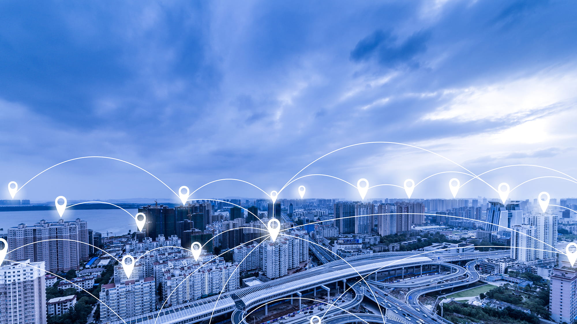 Blue tone city scape and network connection concept