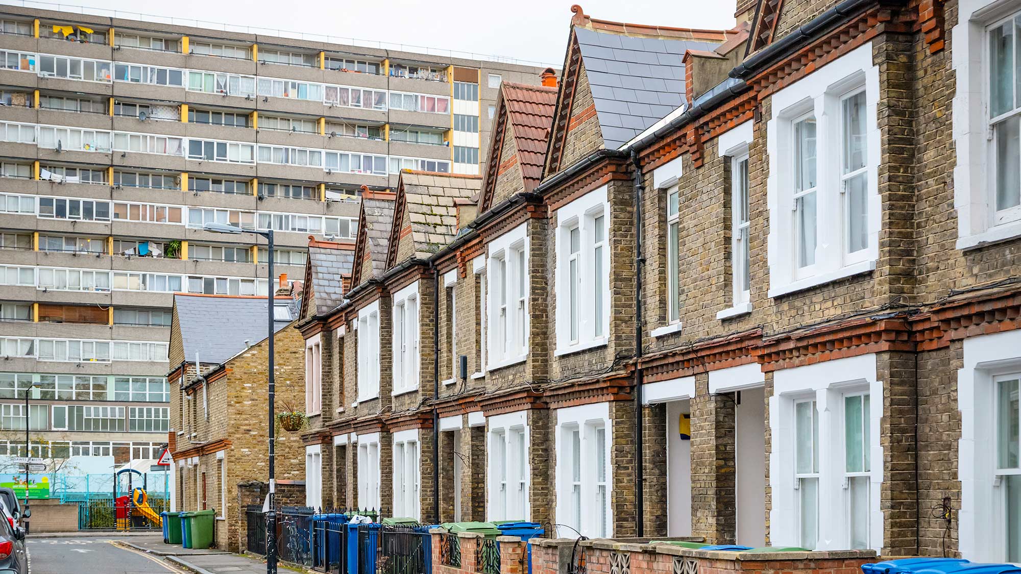 English terraced houses and tower block