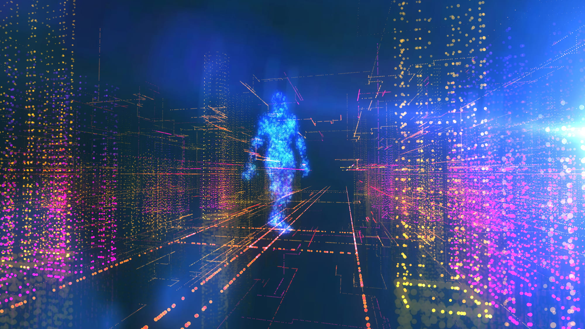 Digital scene with human in data centre