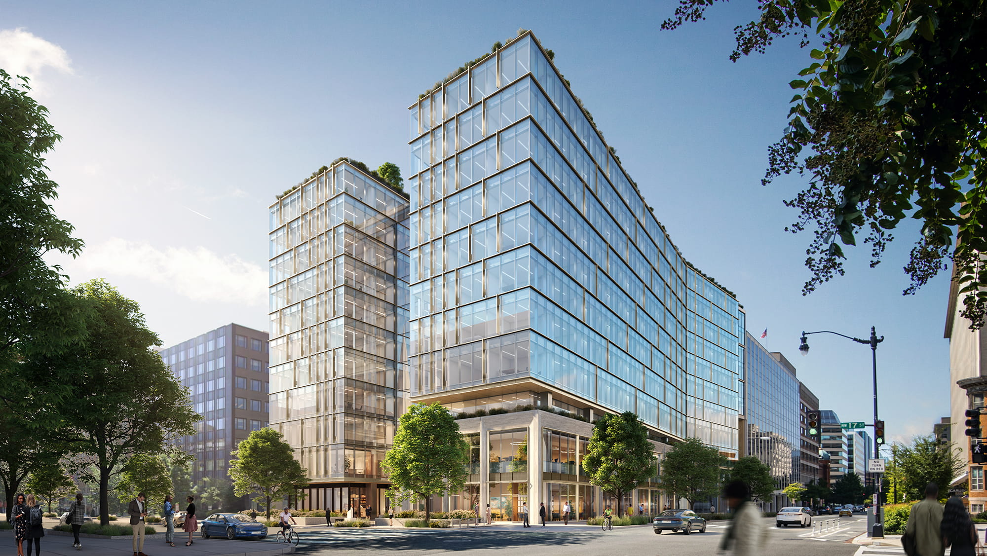 Digital rendering of the glass exterior of the 17xM building on a bright and sunny day. 