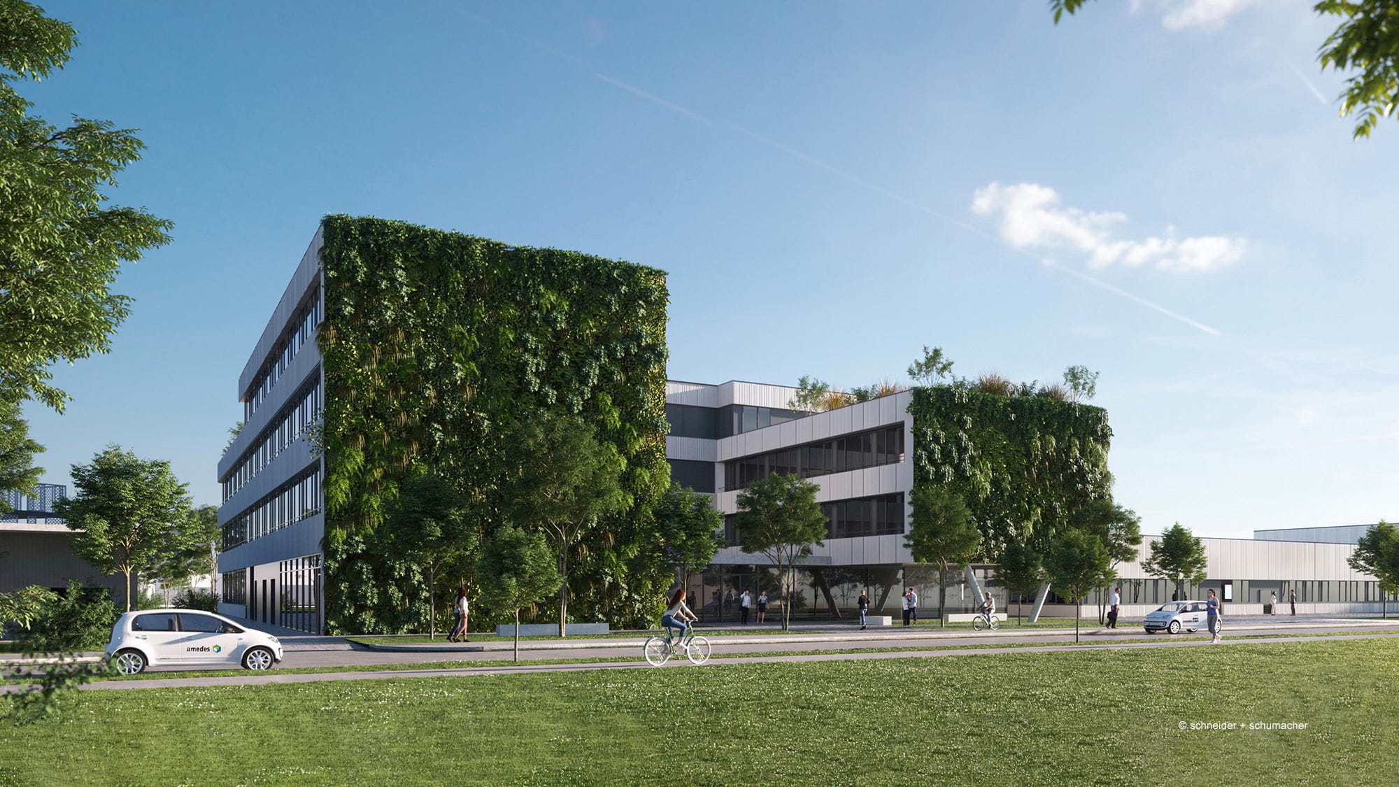 Visualisation of the new amedes Competency Centre in G?ttingen with green facade.