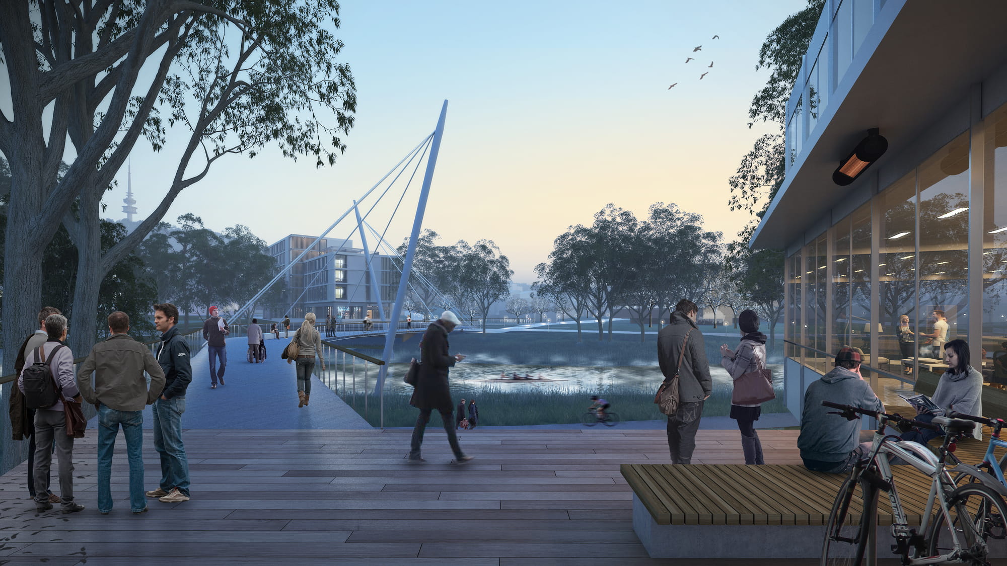 People enjoying the open spaces of the ANU Campus Sullivans Hub on an overcast day