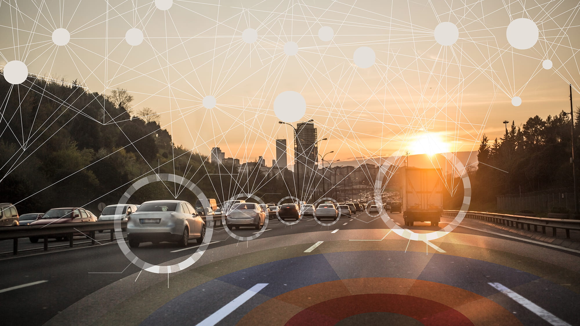 View from inside a car looking at other vehicles on a motorway with a digital effect overlaid 