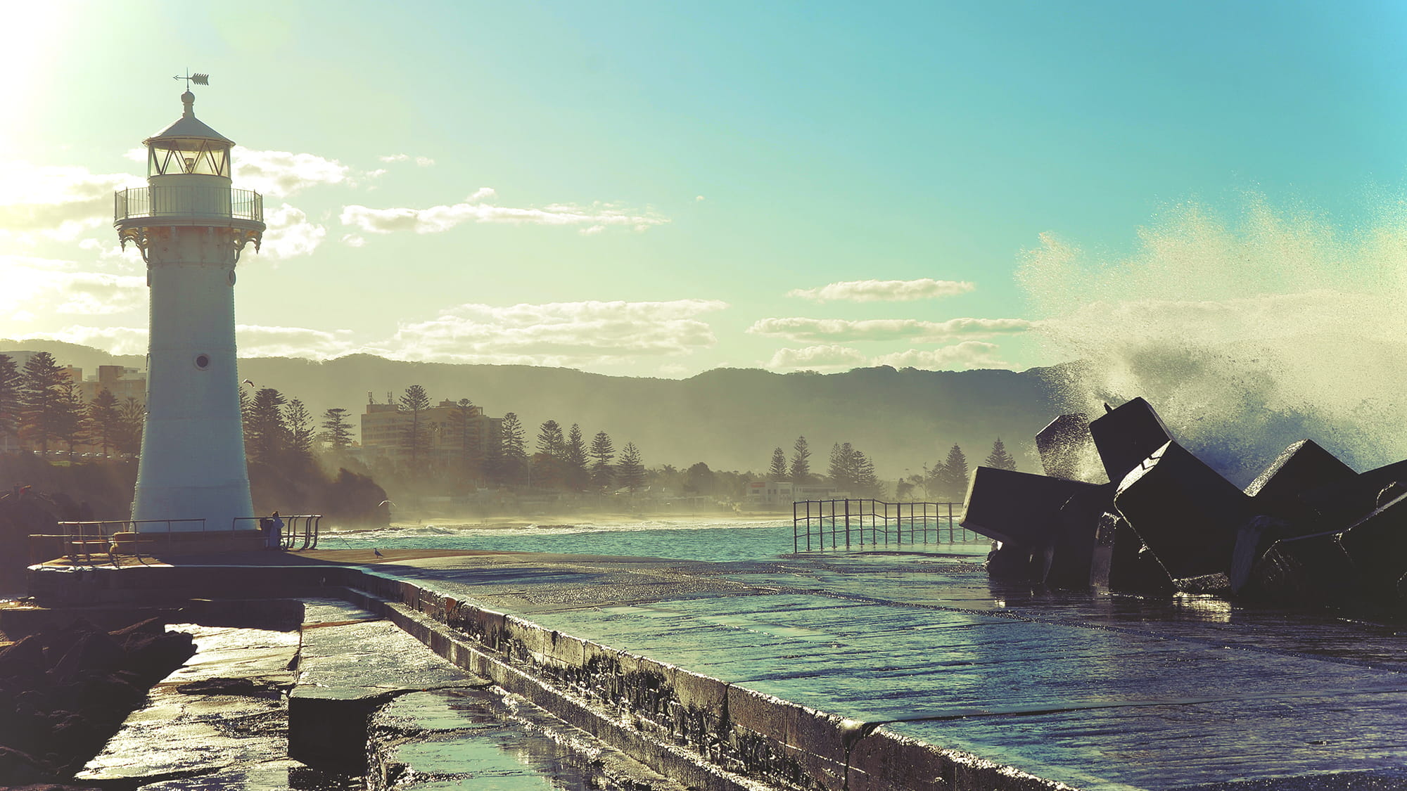 Waves breaking over Woolongong breakwater