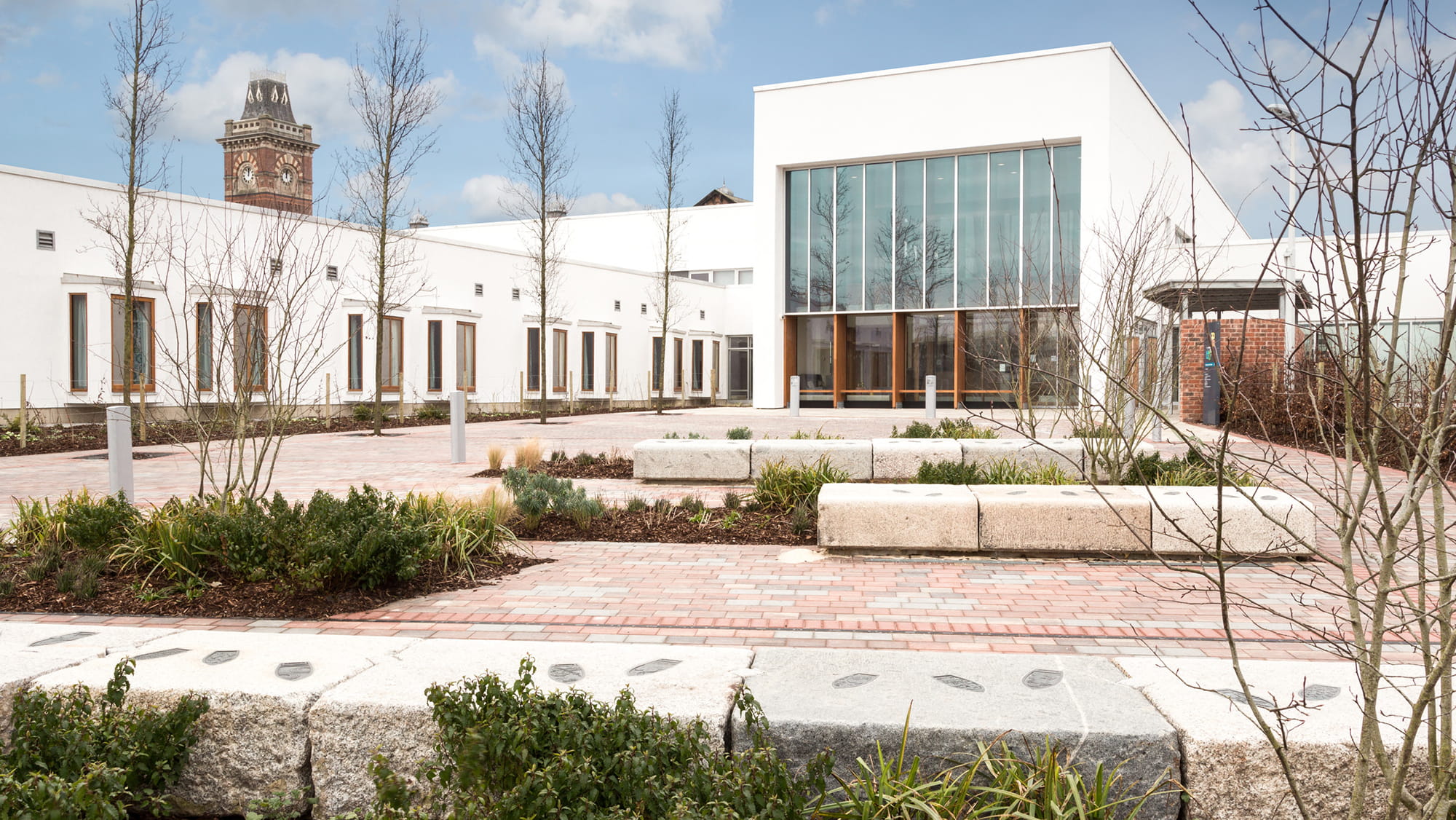 The exterior entrance of Clock View Hospital, Merseyside with courtyard to foreground. Credit: Jennie Webb