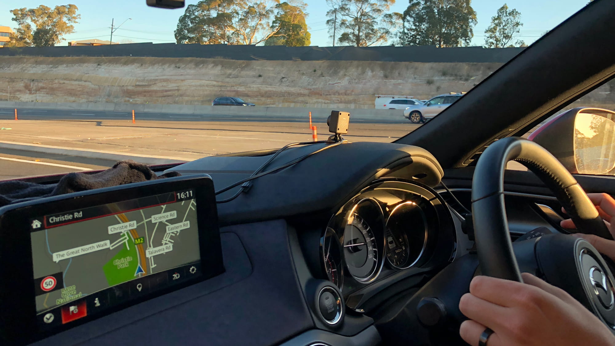 Inside a Transurban trial car looking out the windscreen