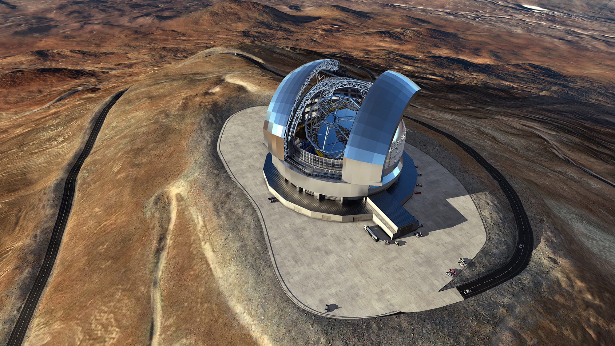 Aerial view of the European Extremely Large Telescope Enclosure _(c) ESO_L. Cal?ada_ACe Consortium