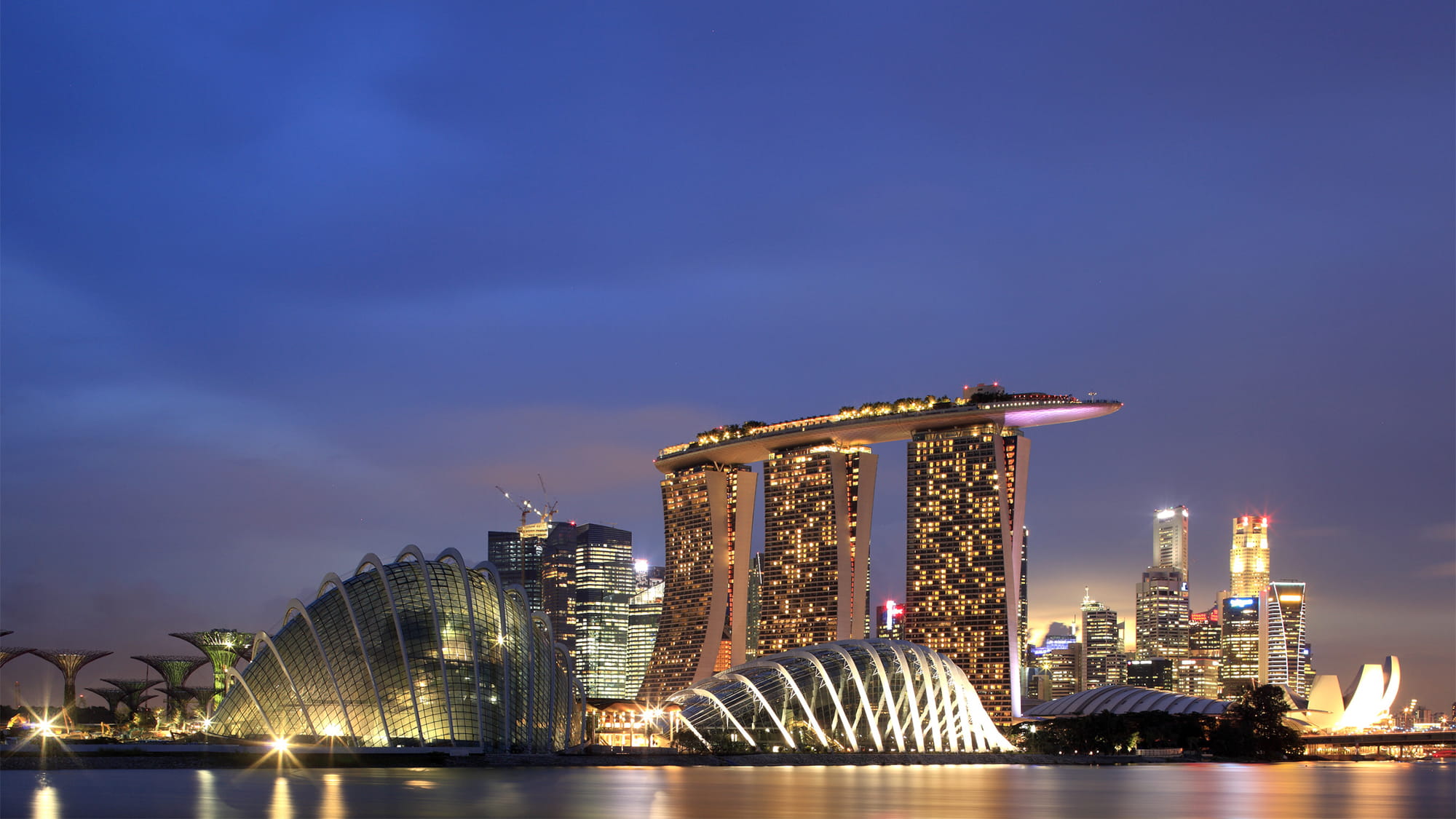 A view of Gardens by the Bay with the Marina Bay resort in the background