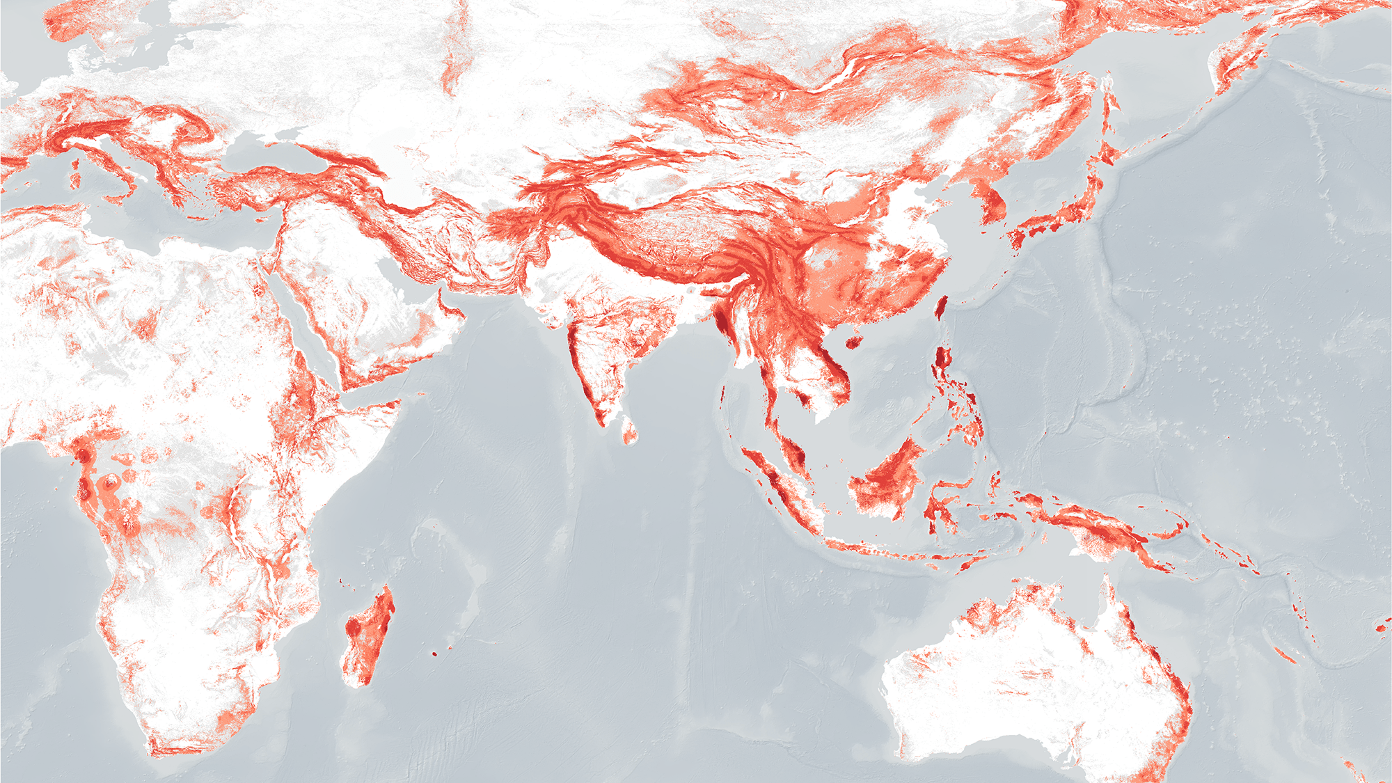 Map showing in dark red the locations with greater risk of landslides. 