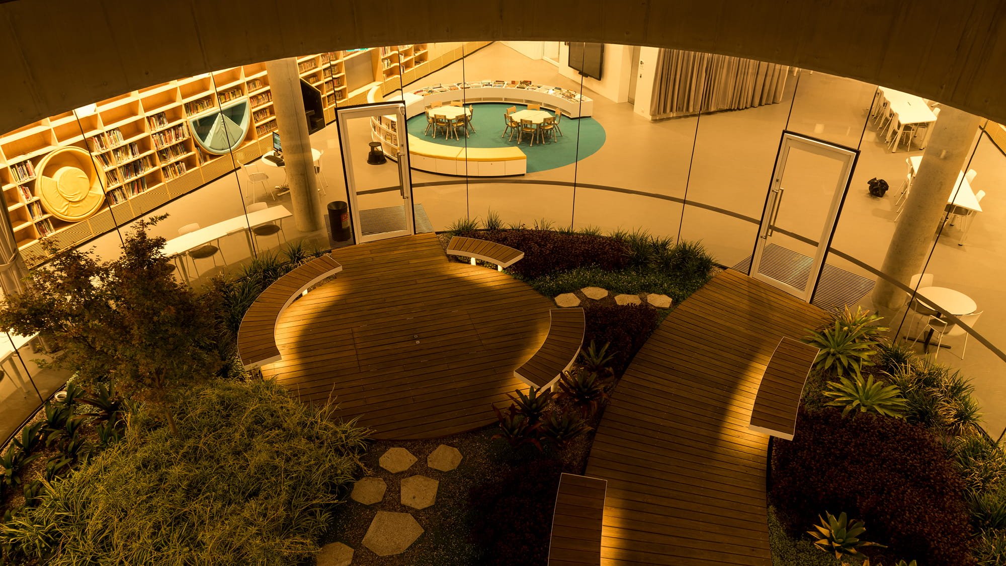 Green Square Library's sunken garden at night time