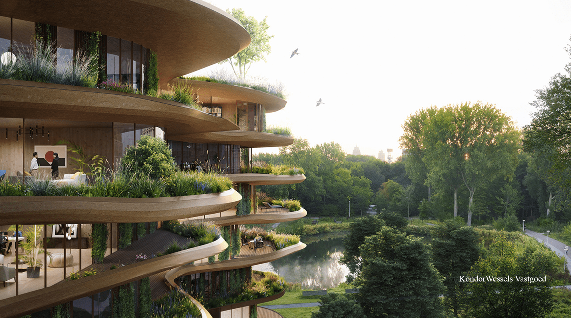 A building with a meandering shape and a lake and a tree, and a small road. Een natuurinclusief gebouw met een meanderende vorm naast een vijver.