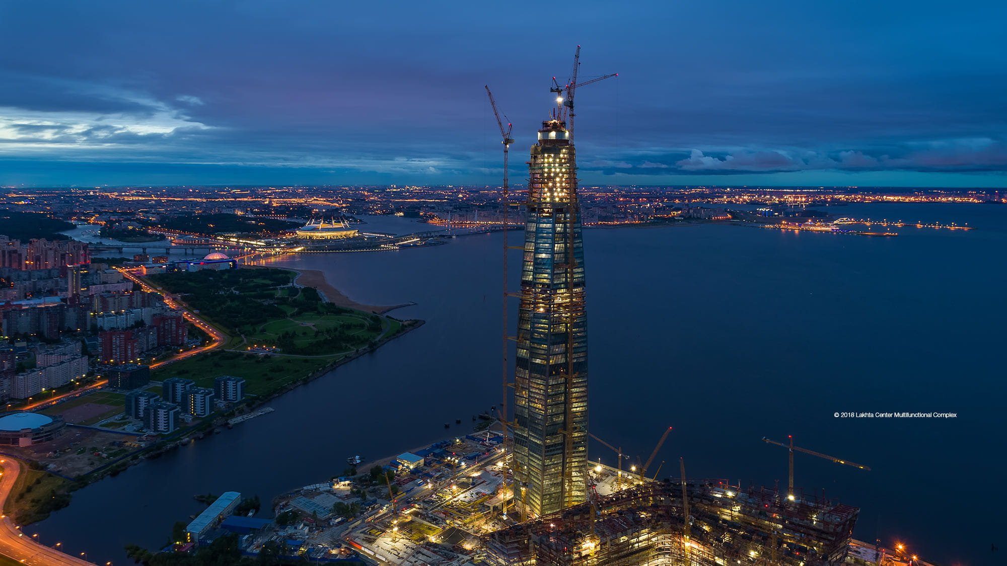 Lakhta Center in Saint Petersburg during construction stage at night. ? 2018 Lakhta Center Multifunctional Complex