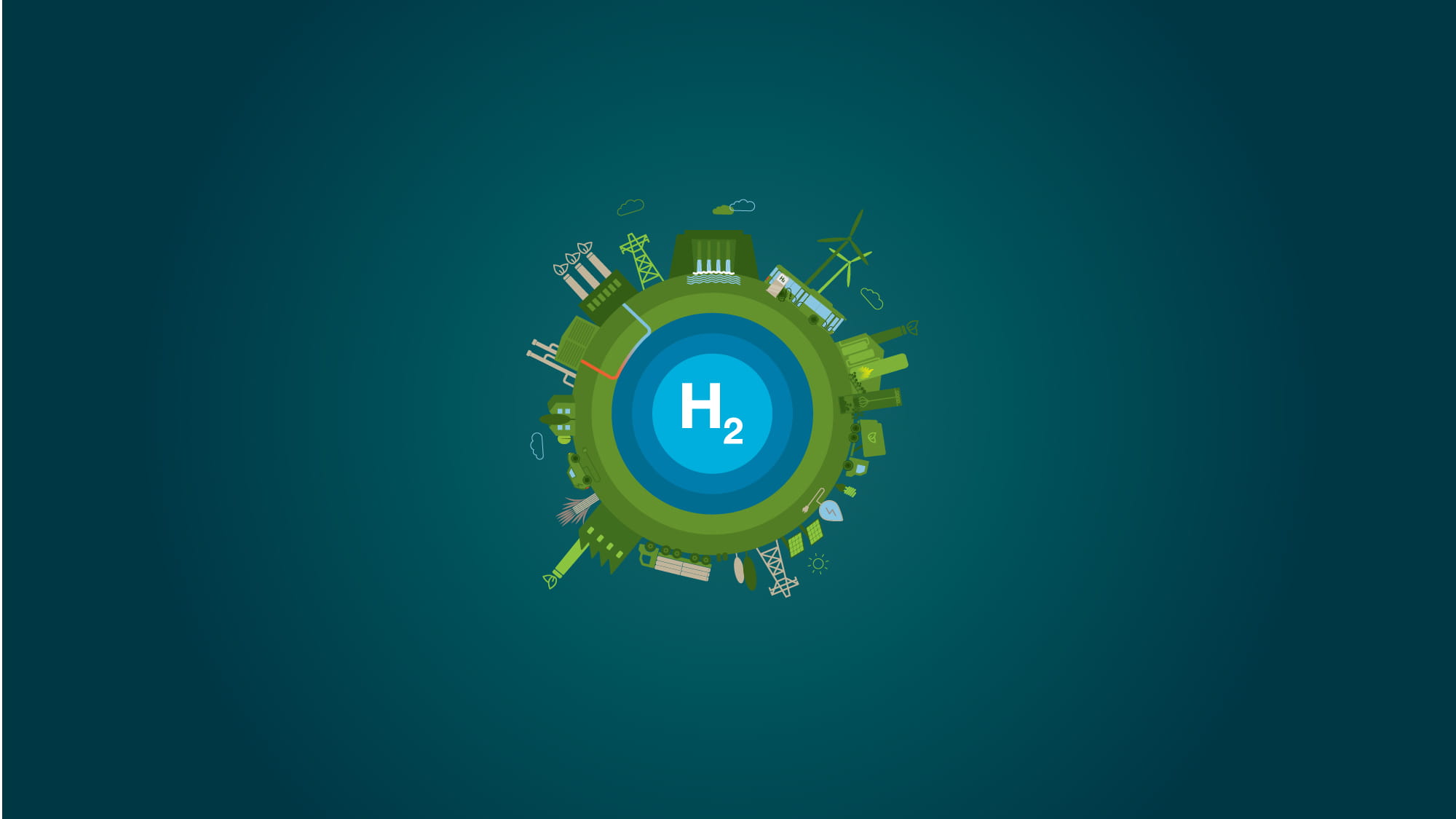 Graphic of circular two dimensional Earth with hydrogen symbol H2 at the centre