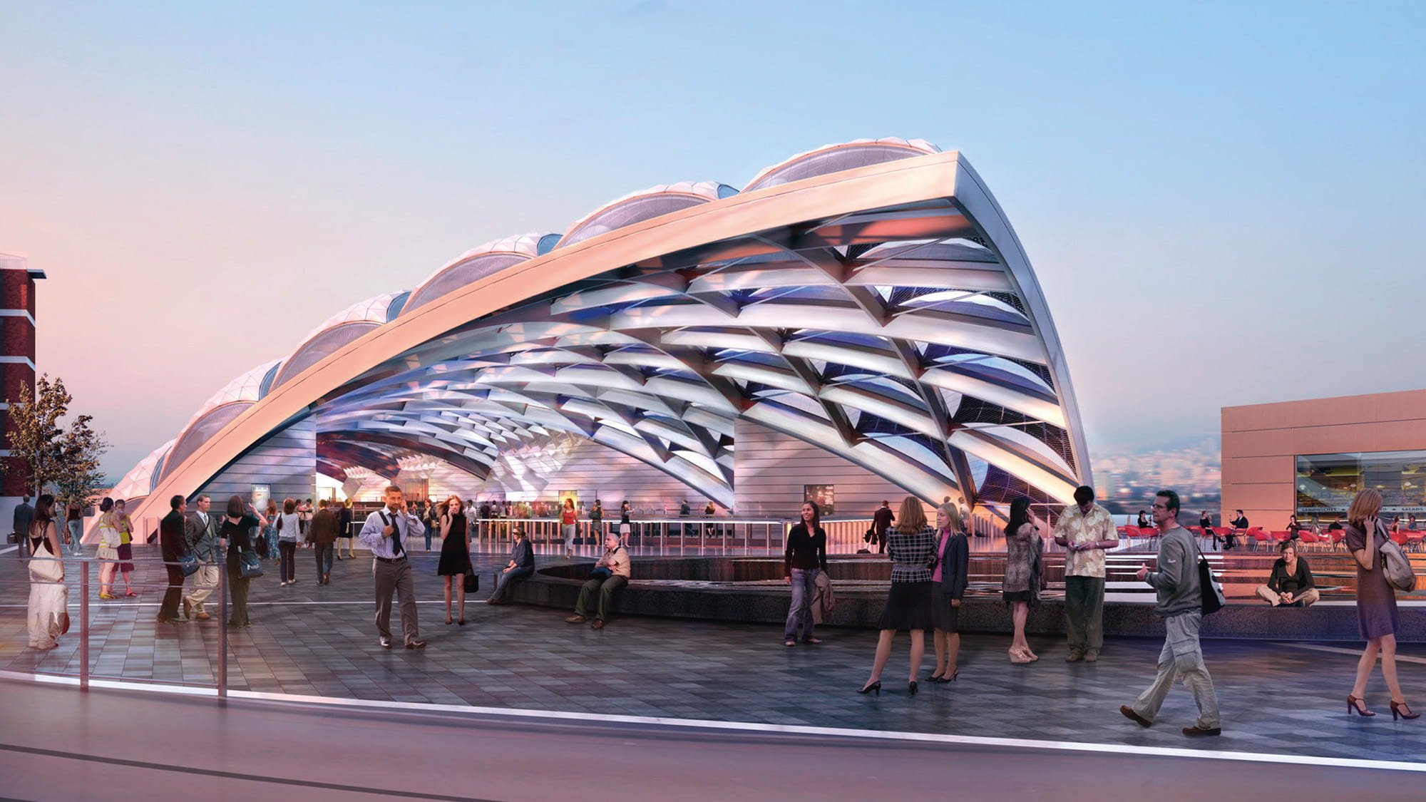 Above ground the steel roof of the high speed rail station is defined by a cylindrical surface and a diagrid structure.