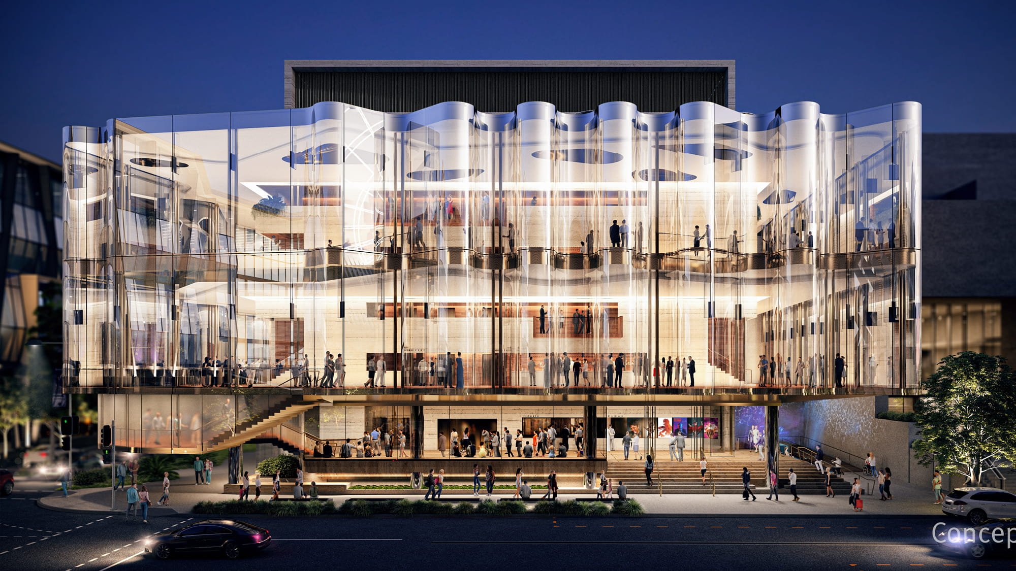  Concept design for a large arts venue, with theatres, foyer. Multistorey, with glass fa?ade. 