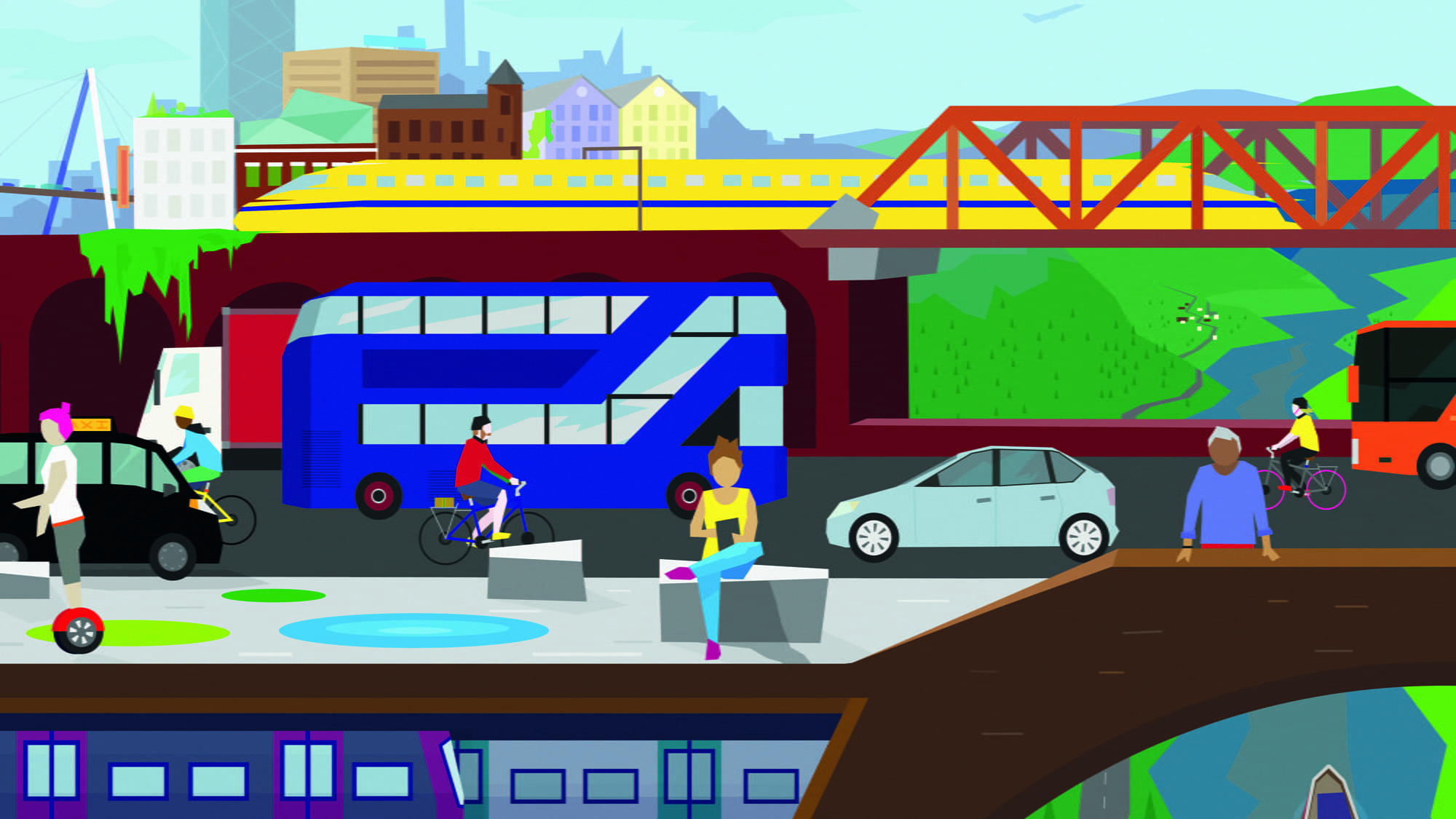 Illustration of transport means in a city. Credit: Arup