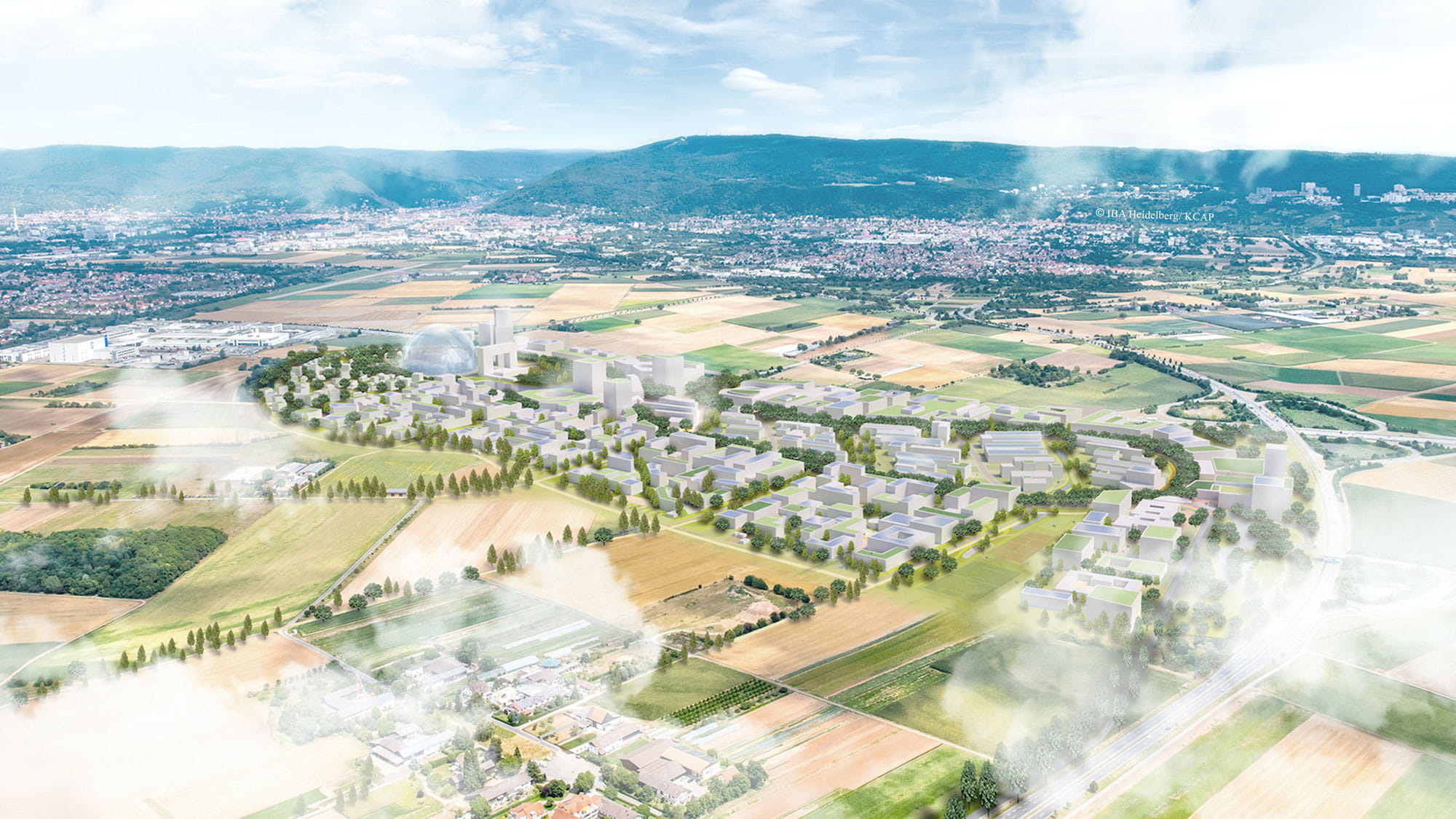 Rendering, das das geplante Patrick Henry Village aus der Vogelperspektive zeigt