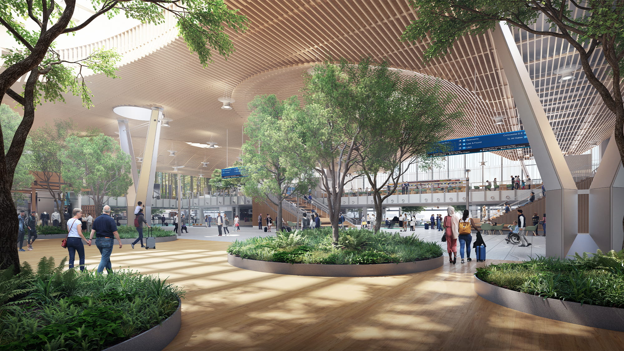 A sunlit airport terminal with abundant green foliage and trees. The light shines through the terminal's mass timber roof and passengers are walking around. 