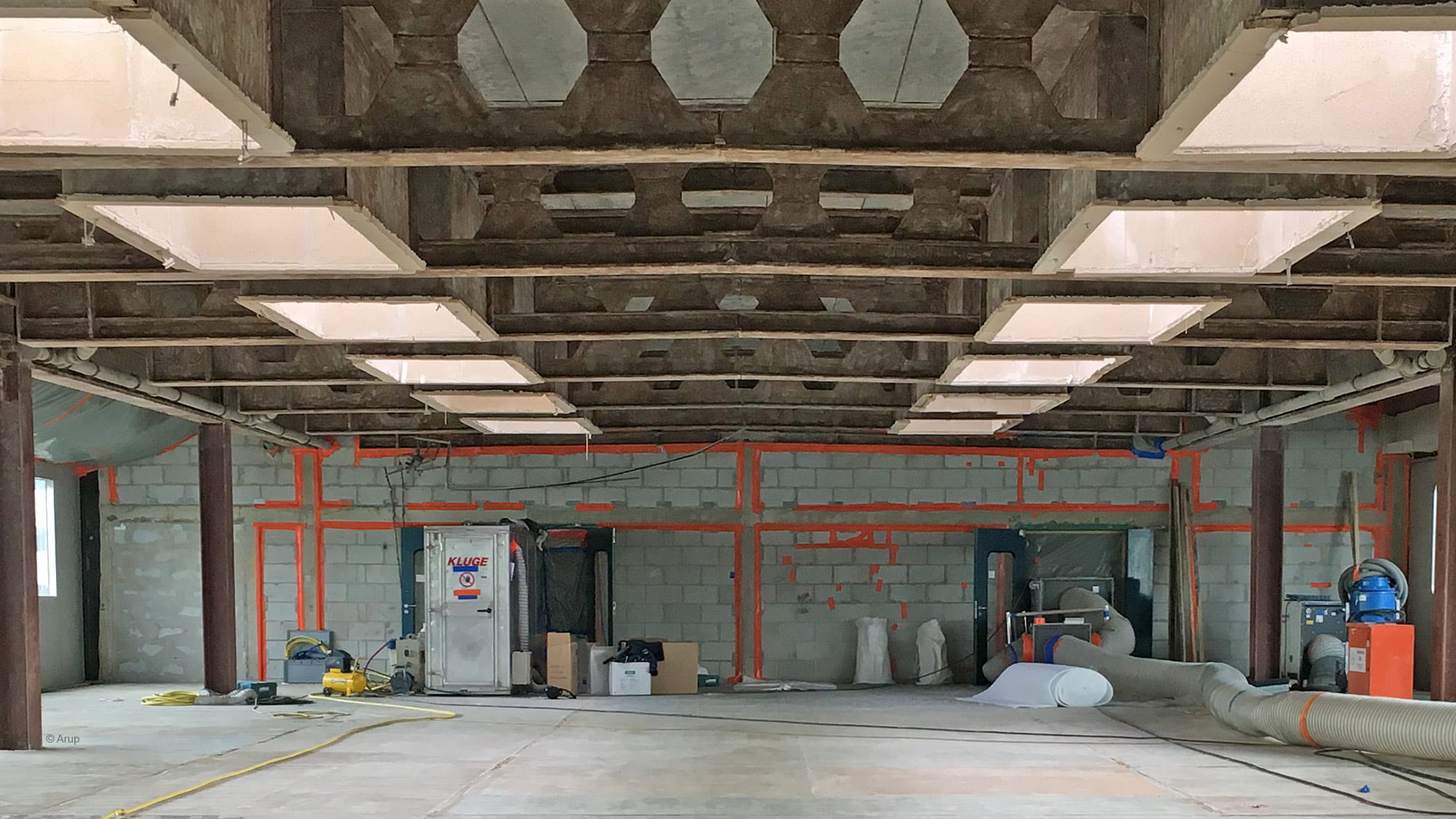 Interior view with view of the existing uncovered structure.