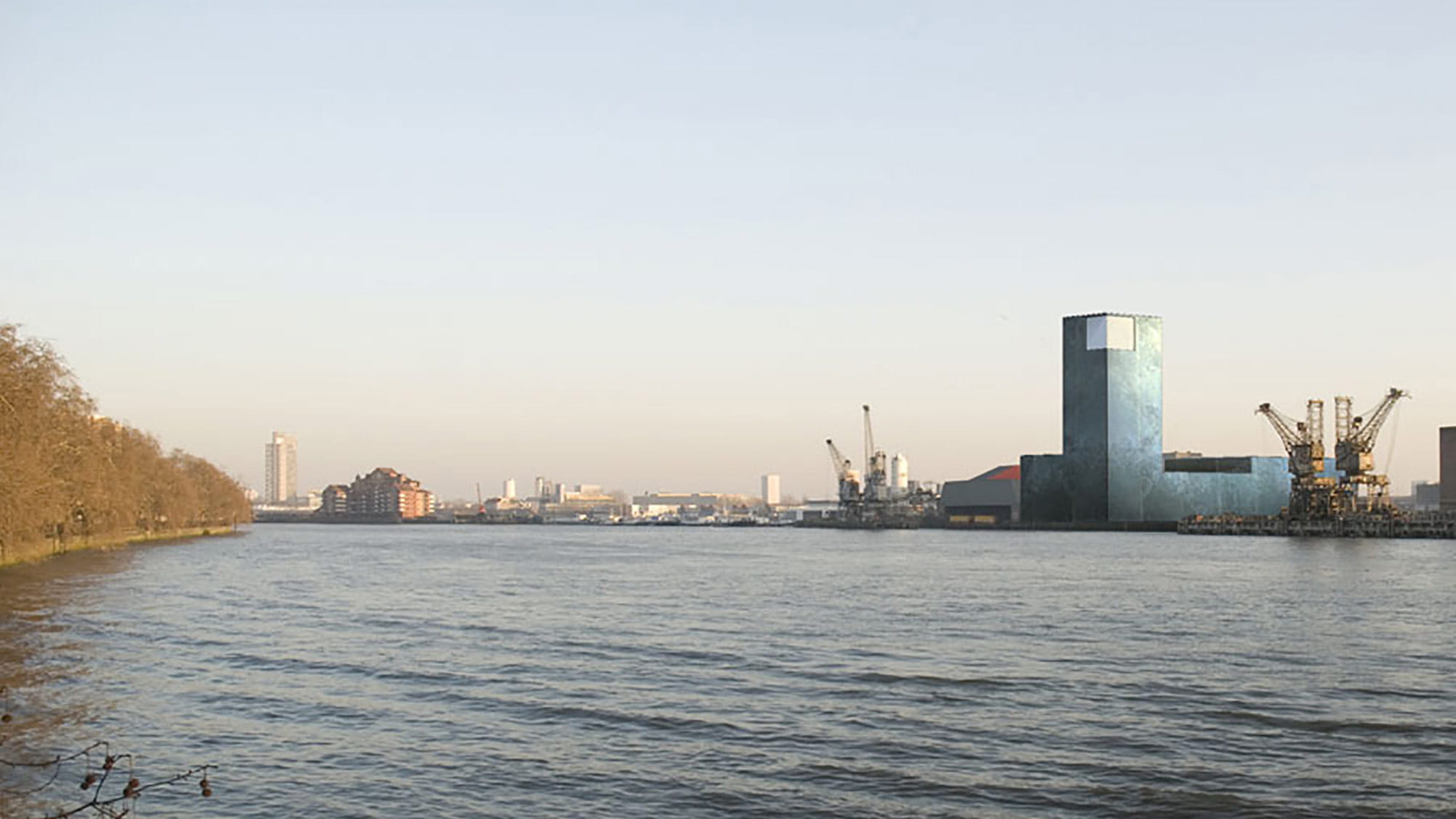Concept design for a gasification plant situated on an industrial riverside site. The plant utilises the option to transport waste by barge and is surrounded by a mix of business, industrial, retail and new residential buildings.