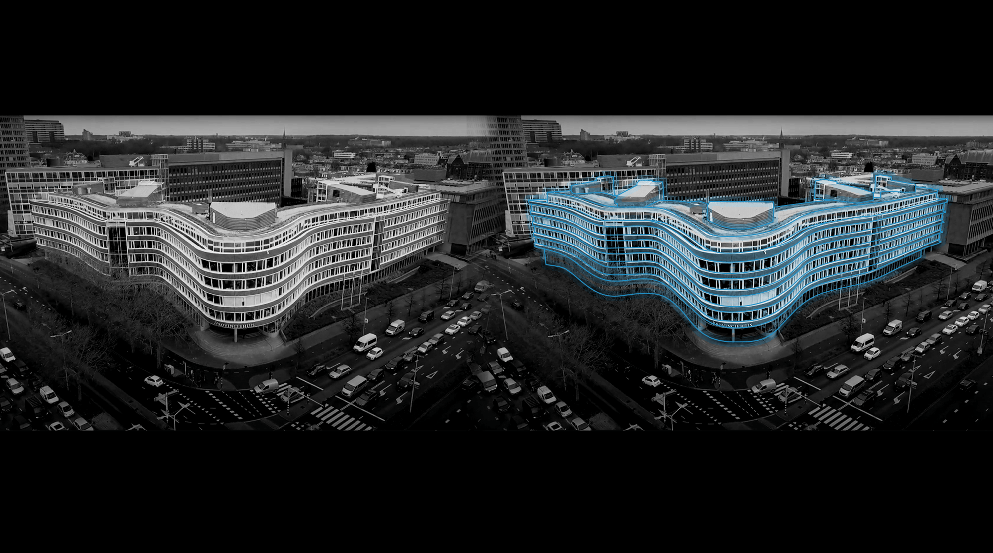 A building and a digital model of the building