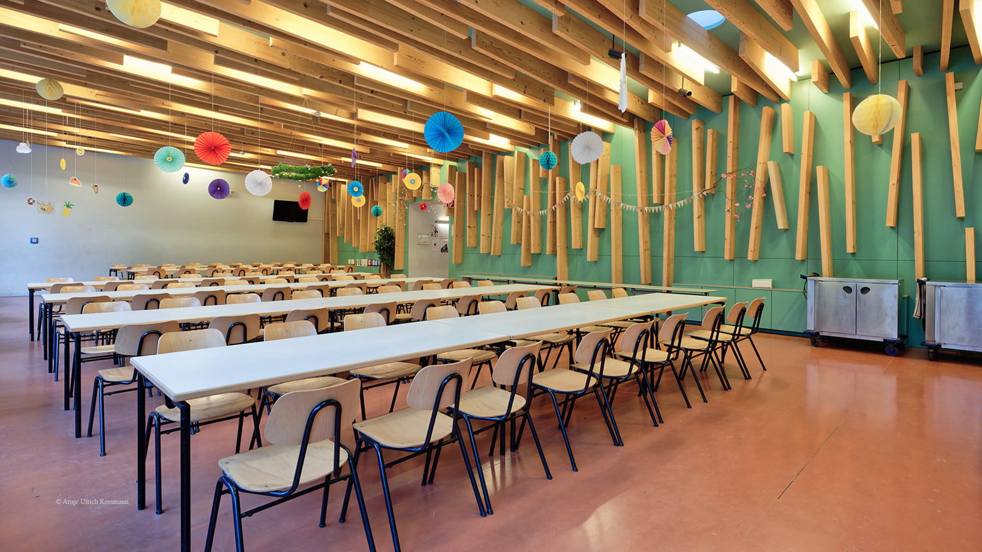 The unusual roof structure is created using a new timber construction method developed by Arup for this project. 
