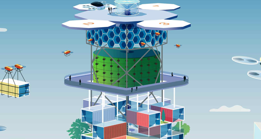 An illustration of a futuristic tall building