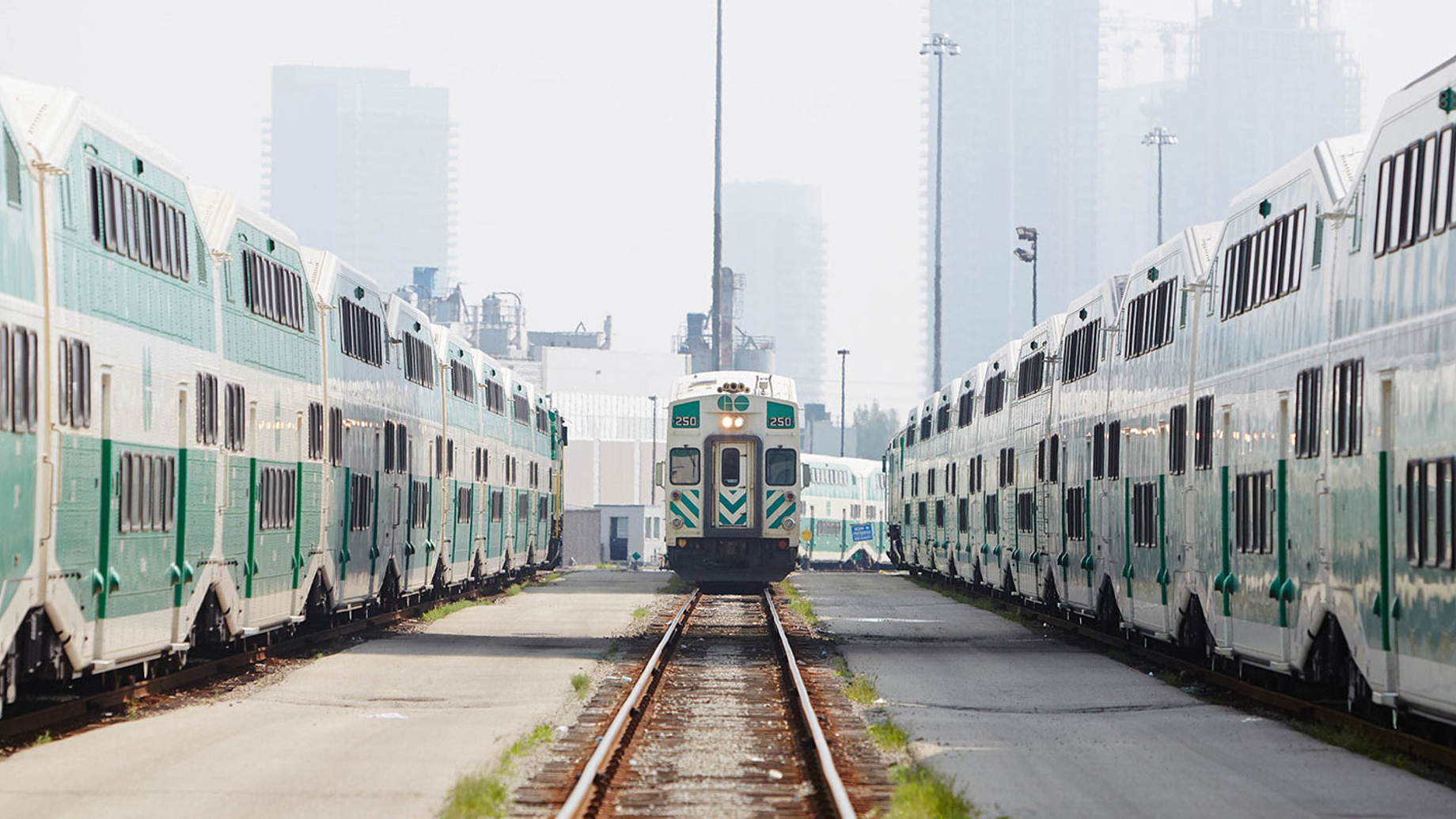 GO Transit train yard with train coming towards camera from afar, trains flanking on adjacent tracks