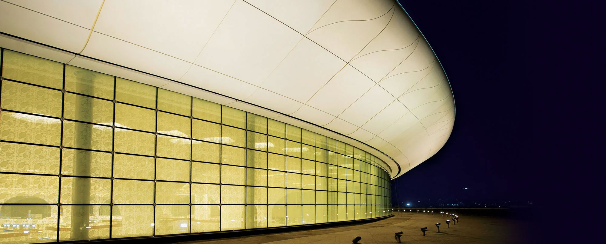 External facade of Mumbai Terminal 2 at night