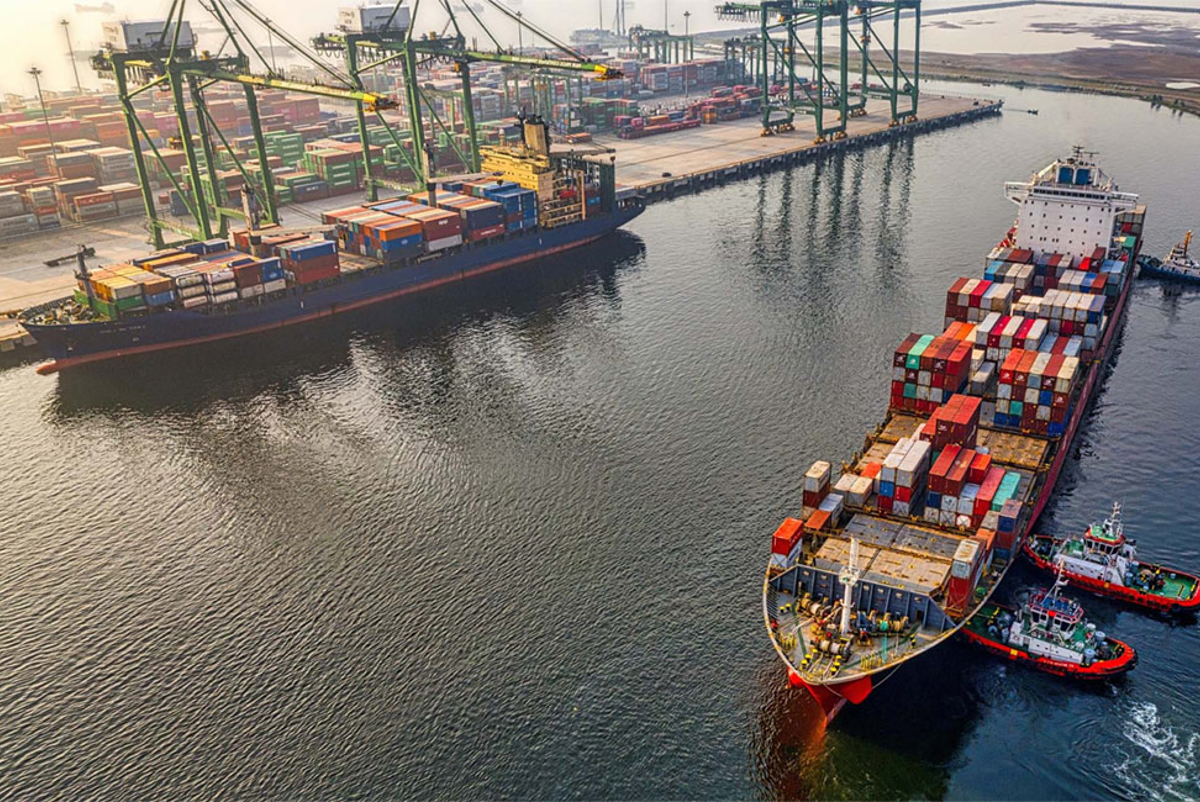 Ships docking in a container port