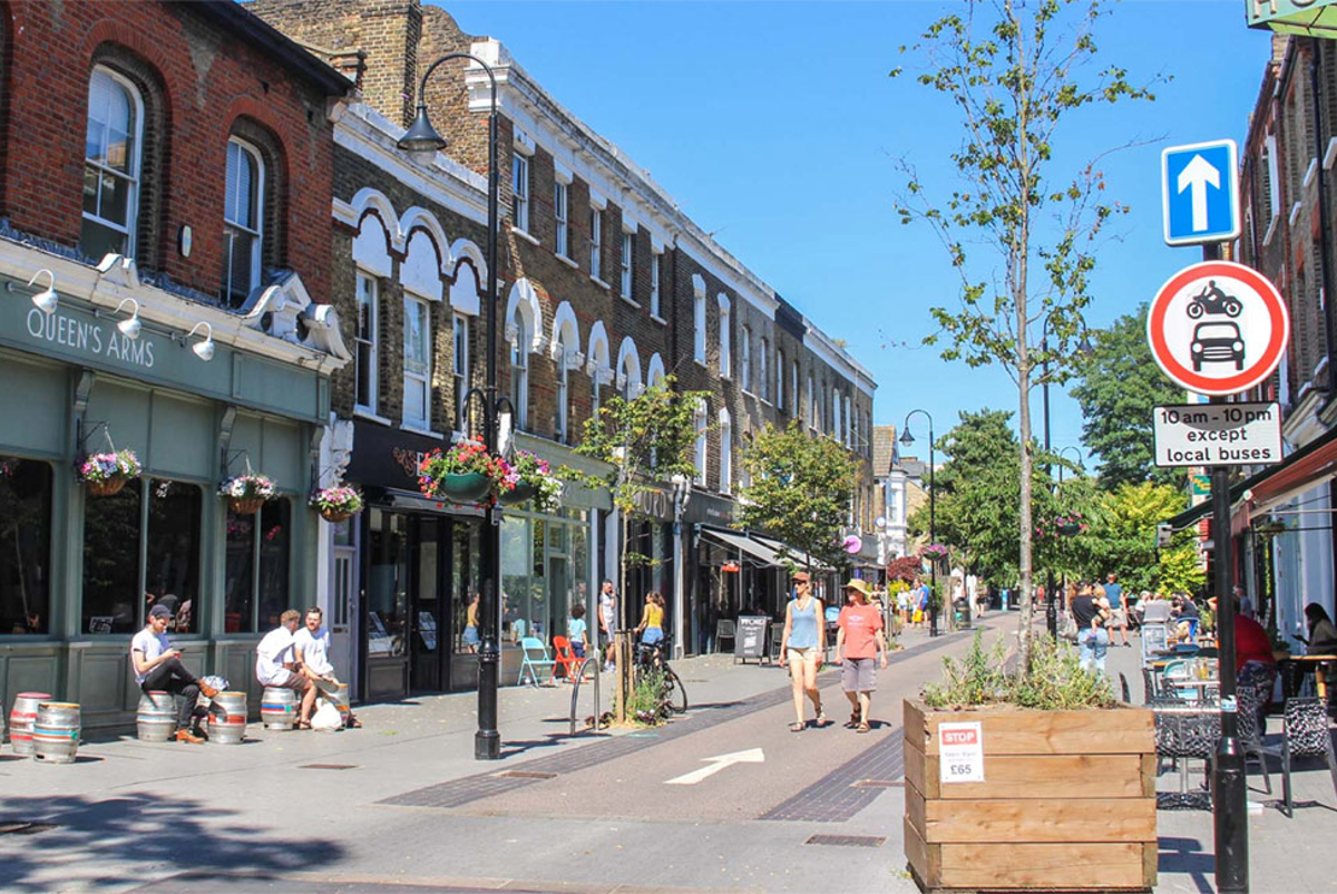 Example of a road in the UK optimised for pedestrians