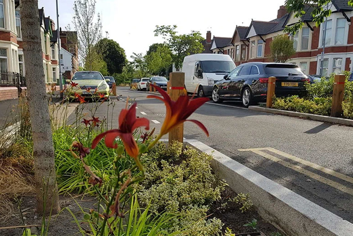 Road in the UK with street furniture to slow down traffic